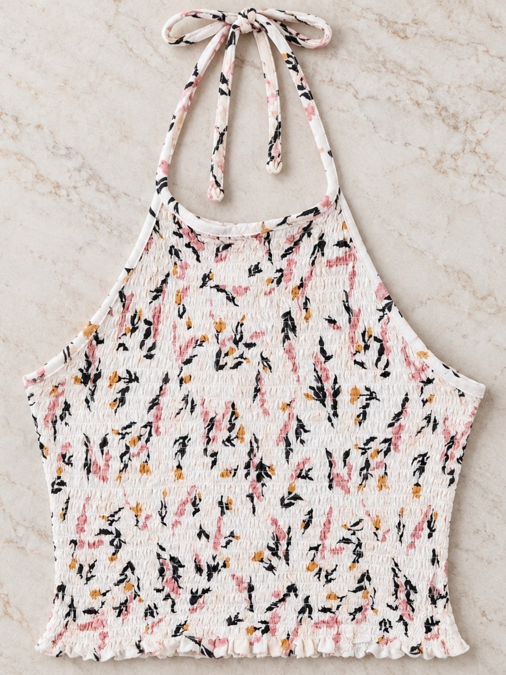 Garage Women’s P/S Floral Smocked Halter Crop Top Tie Neck